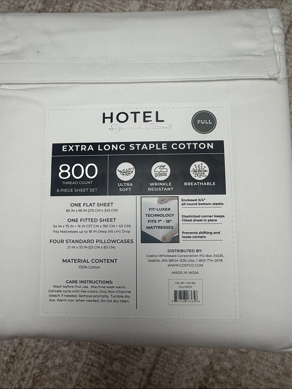 Hotel Signature Sateen 800TC 100% Cotton  6 Pcs Sheet Set Full Size White